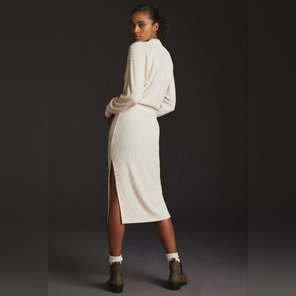 Daily Practice Cowl Neck Lounge Dress Cream Drawstring Waist Slit Maxi Dress - Picture 2 of 10